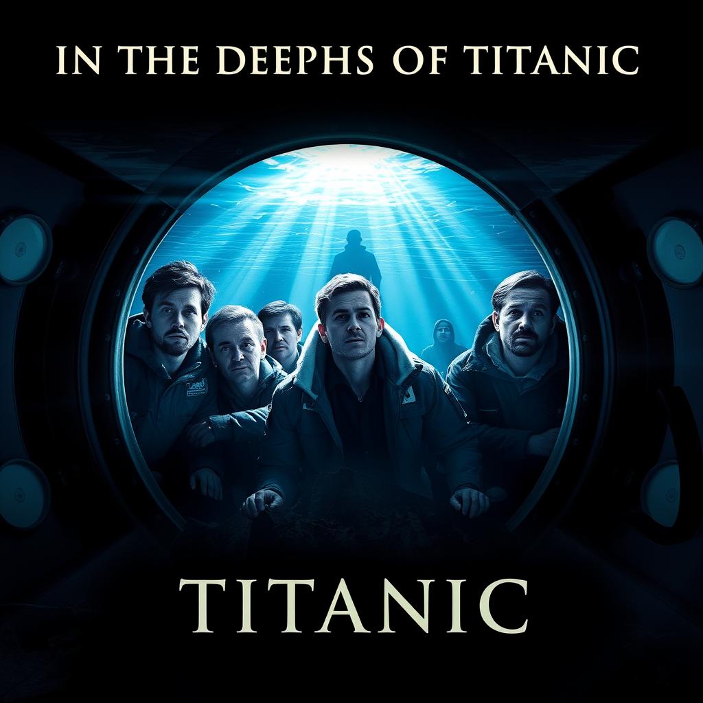 A movie poster titled 'In the Depths of Titanic' featuring five male explorers inside a submarine exploring the wreckage of the Titanic