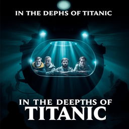 A movie poster titled 'In the Depths of Titanic' featuring five male explorers inside a submarine exploring the wreckage of the Titanic