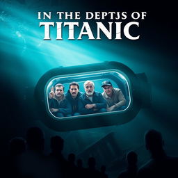 A movie poster titled 'In the Depths of Titanic' featuring five male explorers inside a submarine exploring the wreckage of the Titanic