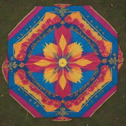 A wau bulan, a traditional Malaysian kite, decorated with intricate designs of vivid, blooming cosmos flowers.