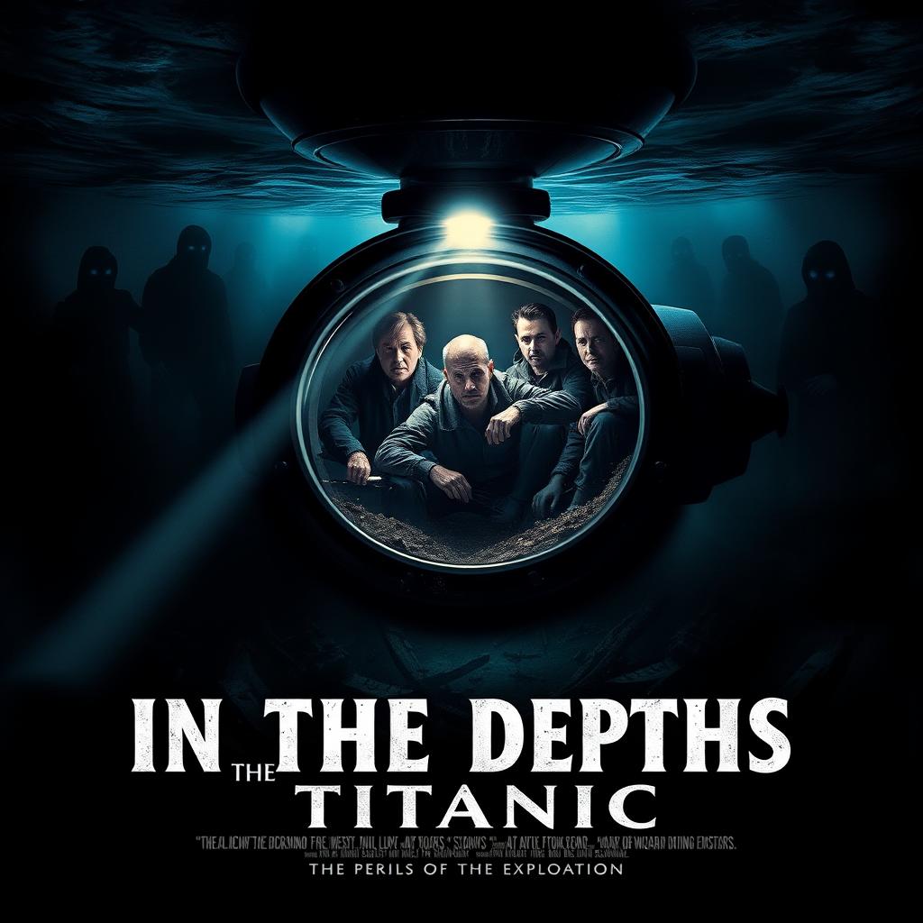 A movie poster titled "In the Depths of Titanic" featuring five male explorers inside a submarine illuminating the dark ocean floor while exploring the wreck of the Titanic