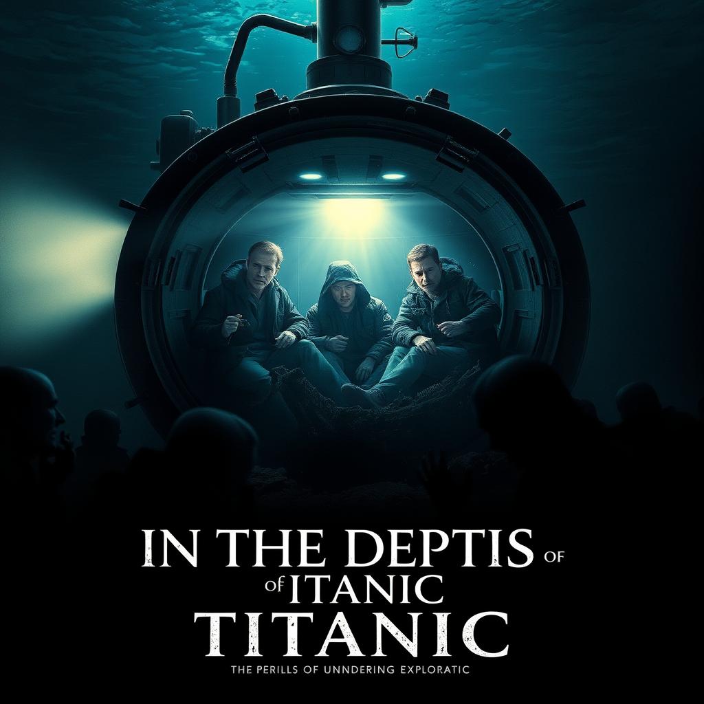 A movie poster titled "In the Depths of Titanic" featuring five male explorers inside a submarine illuminating the dark ocean floor while exploring the wreck of the Titanic