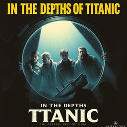 A movie poster titled "In the Depths of Titanic" featuring five male explorers inside a submarine illuminating the dark ocean floor while exploring the wreck of the Titanic