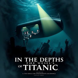 A movie poster titled "In the Depths of Titanic" featuring five male explorers inside a submarine illuminating the dark ocean floor while exploring the wreck of the Titanic