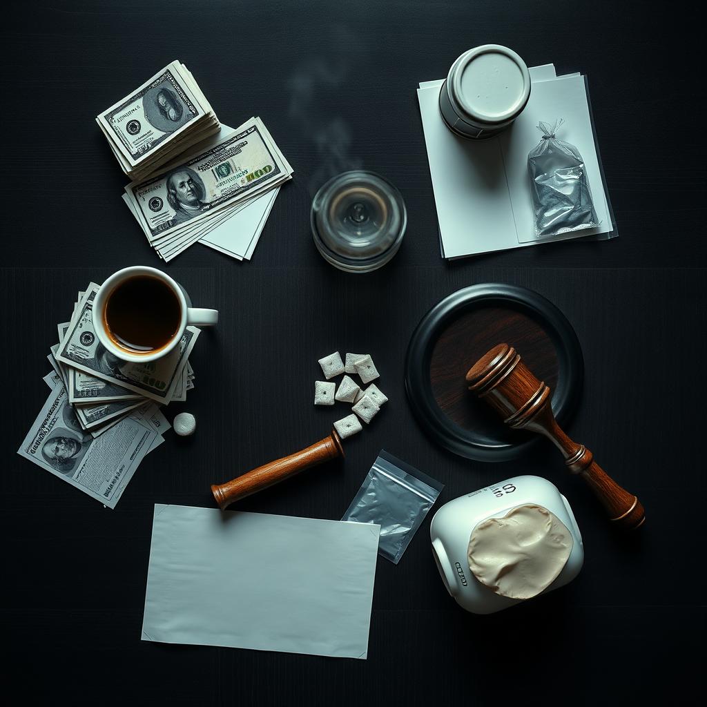 A rectangular movie poster featuring a zoomed-out view of a dark wooden table, captured from above