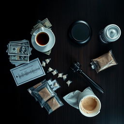 A rectangular movie poster featuring a zoomed-out view of a dark wooden table, captured from above