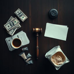 A rectangular movie poster featuring a zoomed-out view of a dark wooden table, captured from above