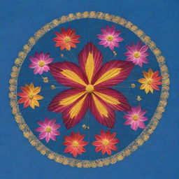 A wau bulan, a traditional Malaysian kite, decorated with intricate designs of vivid, blooming cosmos flowers.