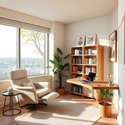 A cozy and modern consultation room, filled with natural light, featuring a comfortable reclining chair, a sleek wooden desk with an open laptop, a bookshelf lined with colorful books, and serene artwork on the walls