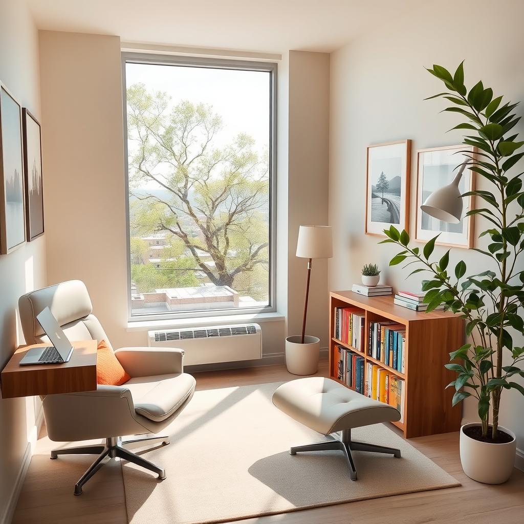 A cozy and modern consultation room, filled with natural light, featuring a comfortable reclining chair, a sleek wooden desk with an open laptop, a bookshelf lined with colorful books, and serene artwork on the walls