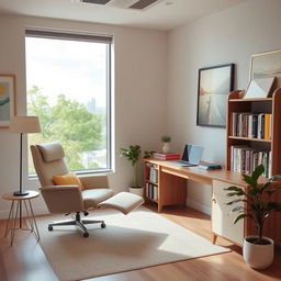 A cozy and modern consultation room, filled with natural light, featuring a comfortable reclining chair, a sleek wooden desk with an open laptop, a bookshelf lined with colorful books, and serene artwork on the walls