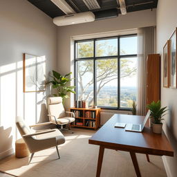 A cozy and modern consultation room, filled with natural light, featuring a comfortable reclining chair, a sleek wooden desk with an open laptop, a bookshelf lined with colorful books, and serene artwork on the walls