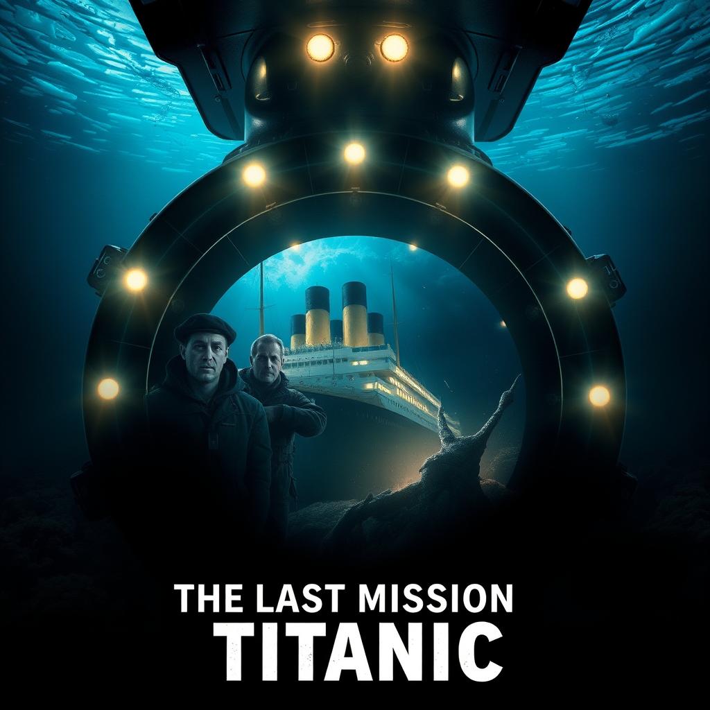 A cinematic movie poster for 'The Last Mission to Titanic', visually connecting the sinking of the Titanic (1912) and the implosion of the Titan submersible (2023)