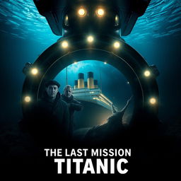 A cinematic movie poster for 'The Last Mission to Titanic', visually connecting the sinking of the Titanic (1912) and the implosion of the Titan submersible (2023)