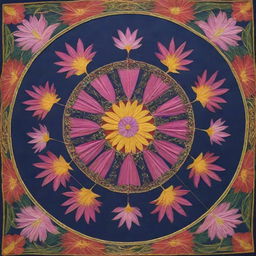 A wau bulan, a traditional Malaysian kite, decorated with intricate designs of vivid, blooming cosmos flowers.