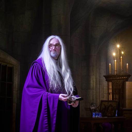 Albus Dumbledore, an iconic figure with twinkling blue eyes, long flowing white hair and beard, wearing his half-moon spectacles, purple robes, and a tall pointed hat; holding the Elder Wand in the grand setting of the Hogwarts Great Hall.