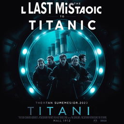 A visually striking movie poster titled 'The Last Mission to Titanic', connecting the sinking of the Titanic in 1912 with the implosion of the Titan submersible in 2023