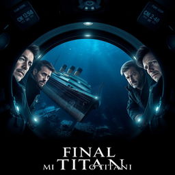 A cinematic movie poster titled "The Final Mission to Titanic" featuring five male explorers inside a submarine exploring the wreck of the Titanic