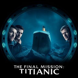 A cinematic movie poster titled "The Final Mission to Titanic" featuring five male explorers inside a submarine exploring the wreck of the Titanic