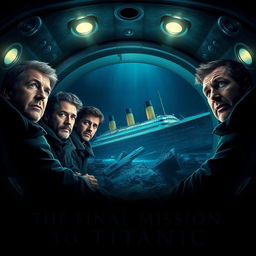 A cinematic movie poster titled "The Final Mission to Titanic" featuring five male explorers inside a submarine exploring the wreck of the Titanic