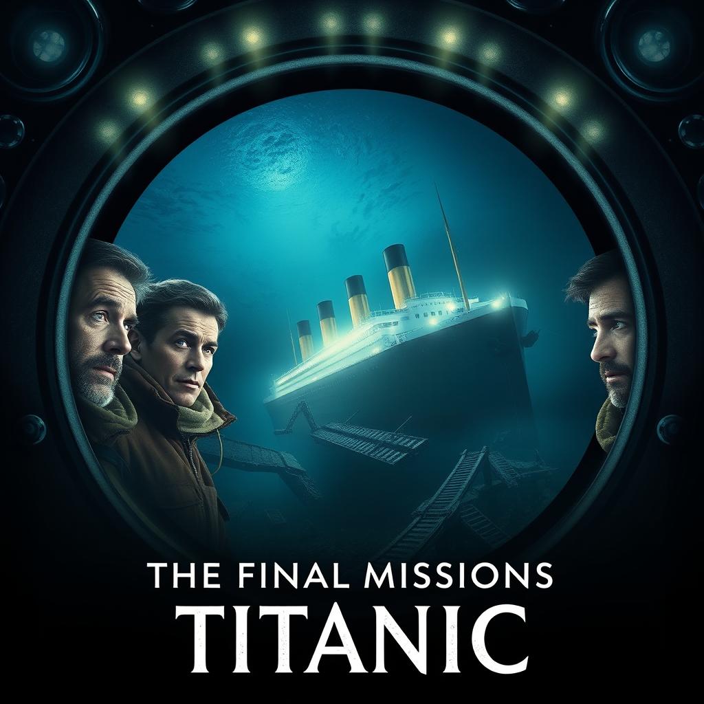 A cinematic movie poster titled "The Final Mission to Titanic" featuring five male explorers inside a submarine exploring the wreck of the Titanic