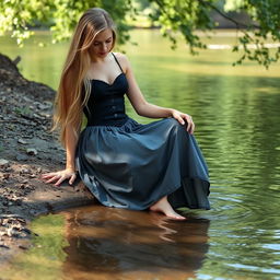 A young woman sitting by the riverbank, dipping her bare feet into the water