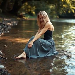 A young woman sitting by the riverbank, dipping her bare feet into the water