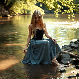 A young woman sitting by the riverbank, dipping her bare feet into the water