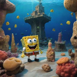 An imaginative scene of Spongebob Squarepants in a prehistoric 1000 BCE setting, fashioned out of simple sea sponges, surrounded by ancient marine life forms and primitive under-the-sea structures.