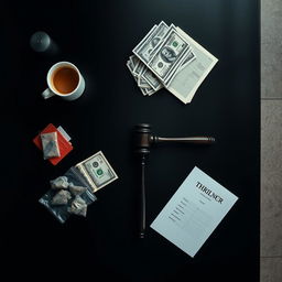 A movie poster showcasing a zoomed-out view of a sleek black table, captured from above