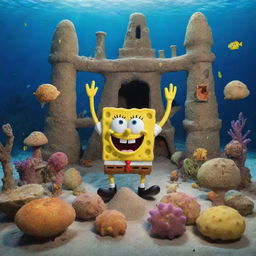 An imaginative scene of Spongebob Squarepants in a prehistoric 1000 BCE setting, fashioned out of simple sea sponges, surrounded by ancient marine life forms and primitive under-the-sea structures.