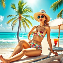 A vibrant beach scene featuring a stylish, confident woman relaxing on a sun lounger