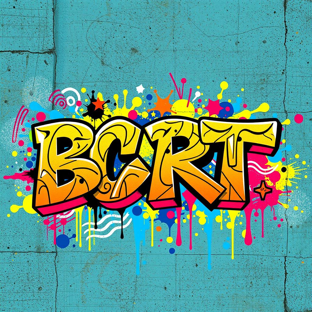 A dynamic and vibrant graffiti-style artwork featuring the letters 'BCRT' in bold, colorful strokes