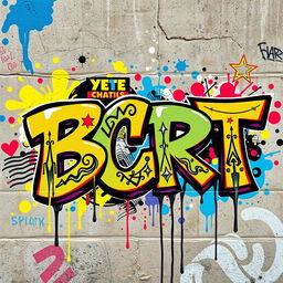 A dynamic and vibrant graffiti-style artwork featuring the letters 'BCRT' in bold, colorful strokes