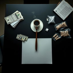 A movie poster displaying a zoomed-out view of a sleek black table, captured from above