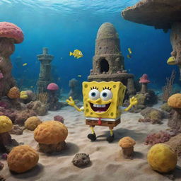 An imaginative scene of Spongebob Squarepants in a prehistoric 1000 BCE setting, fashioned out of simple sea sponges, surrounded by ancient marine life forms and primitive under-the-sea structures.