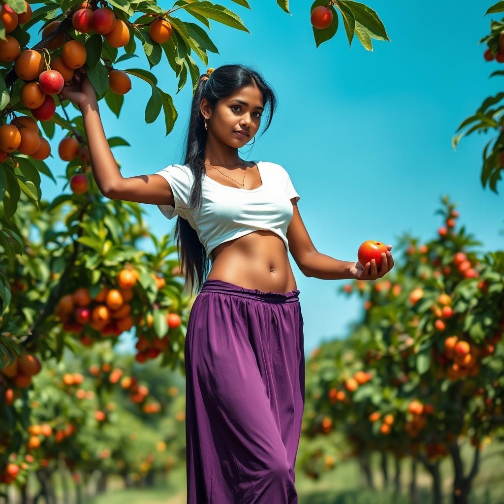 A beautiful and seductive Indian girl collecting fruit from a tree