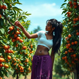 A beautiful and seductive Indian girl collecting fruit from a tree