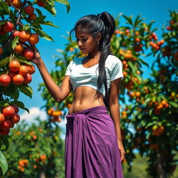 A beautiful and seductive Indian girl collecting fruit from a tree