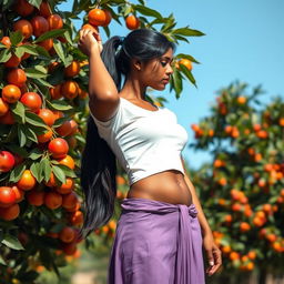 A beautiful and seductive Indian girl collecting fruit from a tree