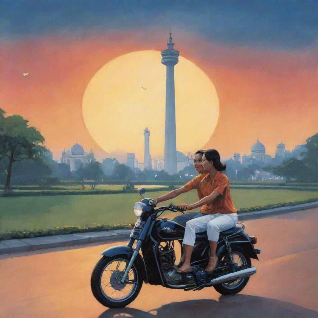 Illustrate a novel cover featuring a woman and man riding a motorbike near the Jakarta Monas, the iconic monument illuminated under the evening sky, the bustling cityscape of Jakarta in the backdrop.