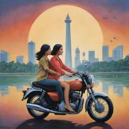 Illustrate a novel cover featuring a woman and man riding a motorbike near the Jakarta Monas, the iconic monument illuminated under the evening sky, the bustling cityscape of Jakarta in the backdrop.