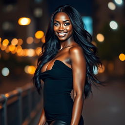 A stunningly beautiful dark-skinned woman with long, flowing black hair, wearing a form-fitting, elegant black dress that accentuates her curves