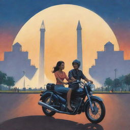 Illustrate a novel cover featuring a woman and man riding a motorbike near the Jakarta Monas, the iconic monument illuminated under the evening sky, the bustling cityscape of Jakarta in the backdrop.