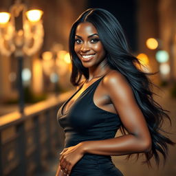 A stunningly beautiful dark-skinned woman with long, flowing black hair, wearing a form-fitting, elegant black dress that accentuates her curves