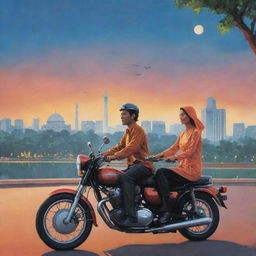 Illustrate a novel cover featuring a woman and man riding a motorbike near the Jakarta Monas, the iconic monument illuminated under the evening sky, the bustling cityscape of Jakarta in the backdrop.