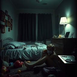 A disturbing and claustrophobic scene from a horror film titled 'The Good Mother', set in a dimly lit bedroom during the COVID pandemic