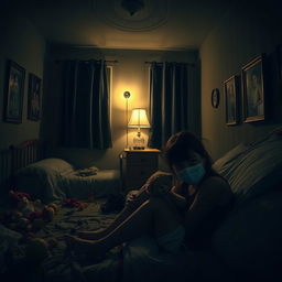 A disturbing and claustrophobic scene from a horror film titled 'The Good Mother', set in a dimly lit bedroom during the COVID pandemic