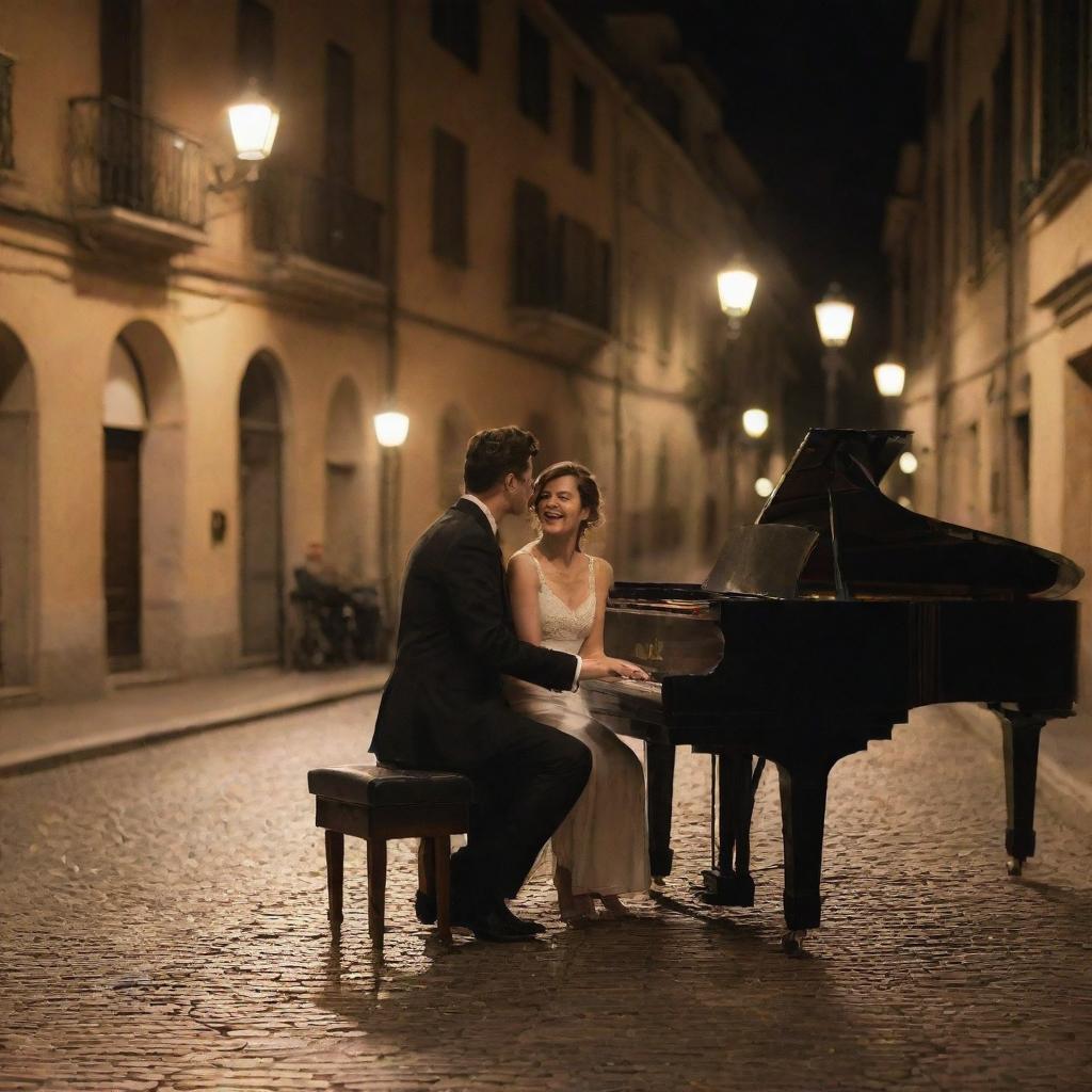 Zoom in on the scene to focus more on the couple. Even with the lively Italian street background, they are the main subject sitting at the piano, engaged in their music and each other under the warm classical street lamps during the night.