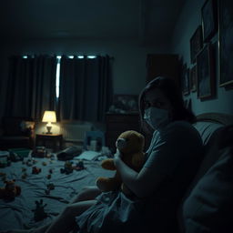 A disturbing and claustrophobic scene from a horror film titled 'The Good Mother', set in a dimly lit bedroom during the COVID pandemic